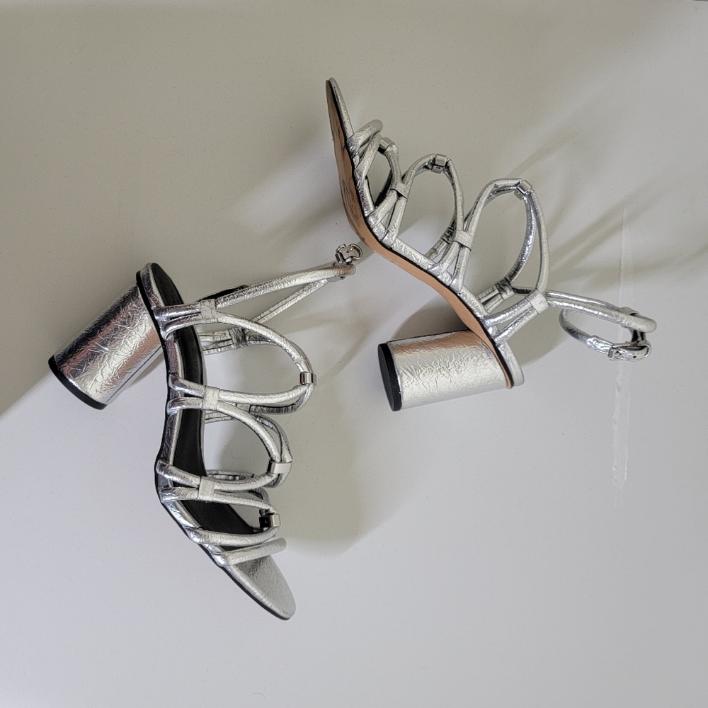 Rebecca Minkoff Appoline silver metallic strappy heels 8.5 round heel - Picture 5 of 8